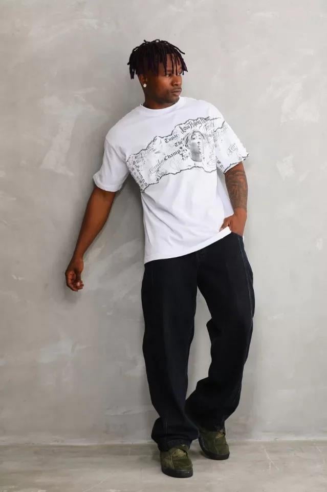 Unisex Bisiklet Yaka Baskılı Oversize T-Shirt - Siyah