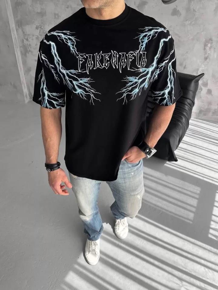 Unisex Bisiklet Yaka Baskılı Oversize T-Shirt - Beyaz