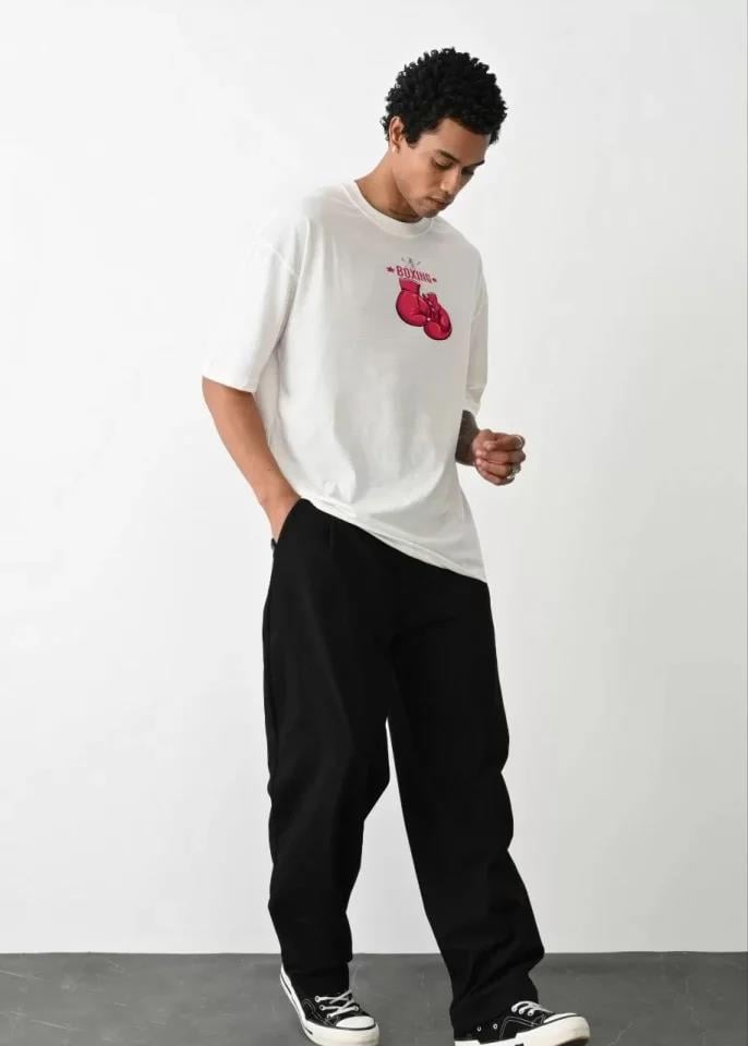 Unisex Bisiklet Yaka Baskılı Oversize T-Shirt - Siyah