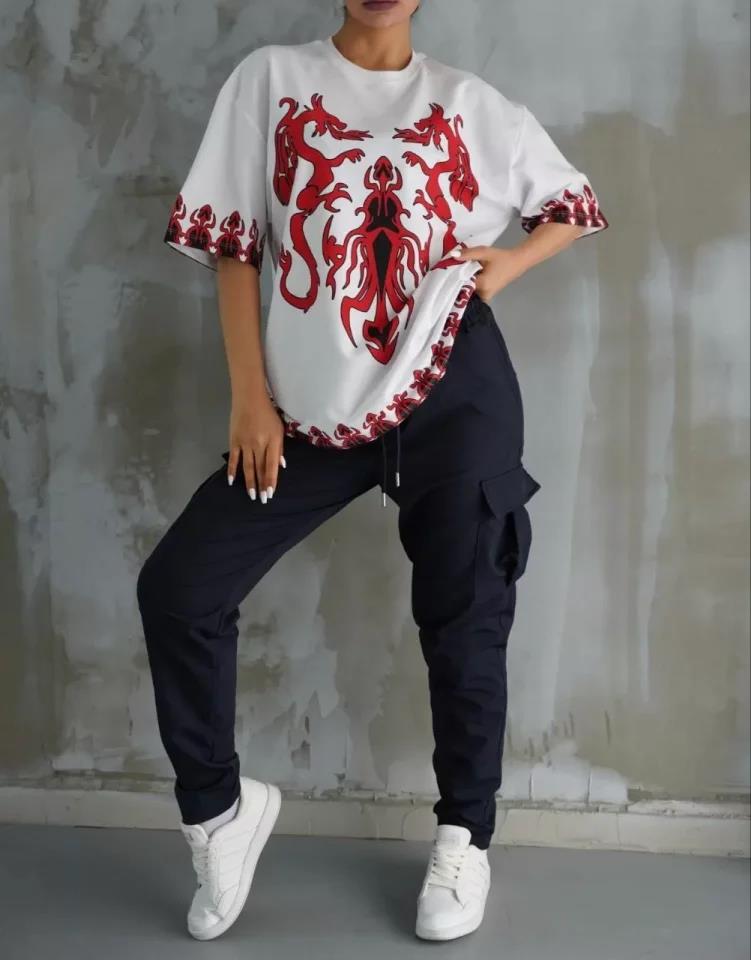 Unisex Bisiklet Yaka Baskılı Oversize T-Shirt - Siyah