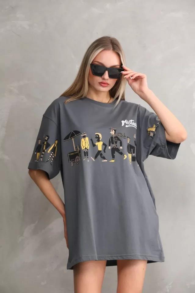 Unisex Bisiklet Yaka Baskılı Oversize T-Shirt - Beyaz