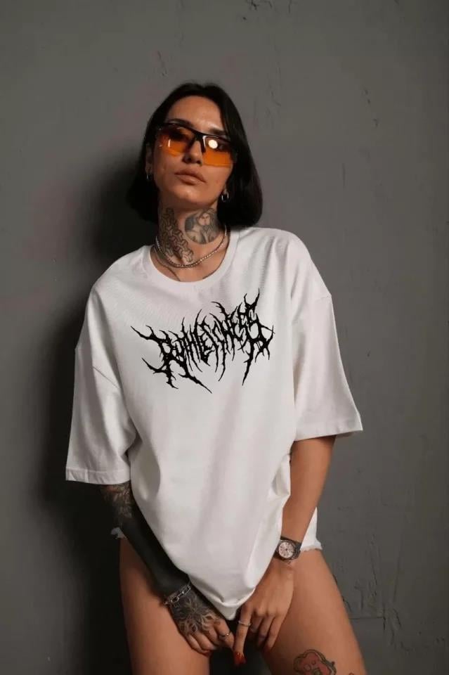 Unisex Bisiklet Yaka Baskılı Oversize T-Shirt - Siyah