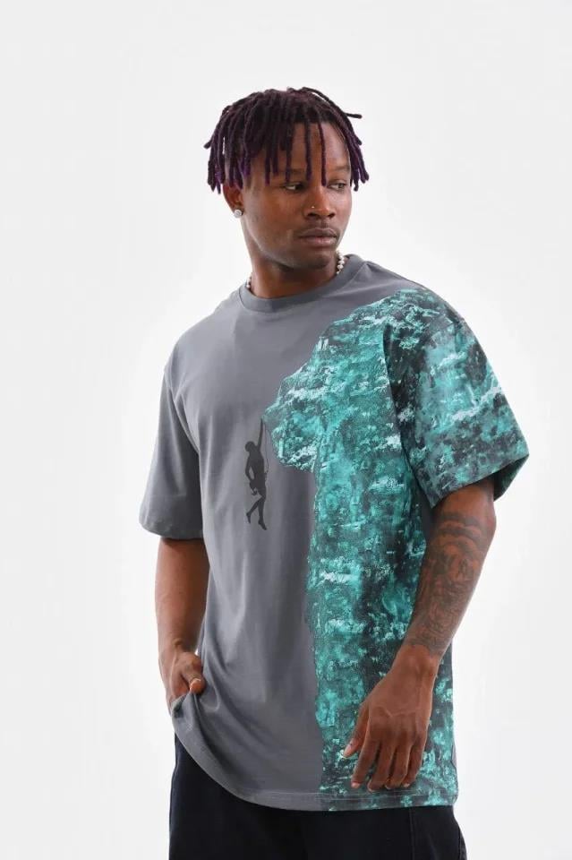 Unisex Bisiklet Yaka Baskılı Oversize T-Shirt - Siyah