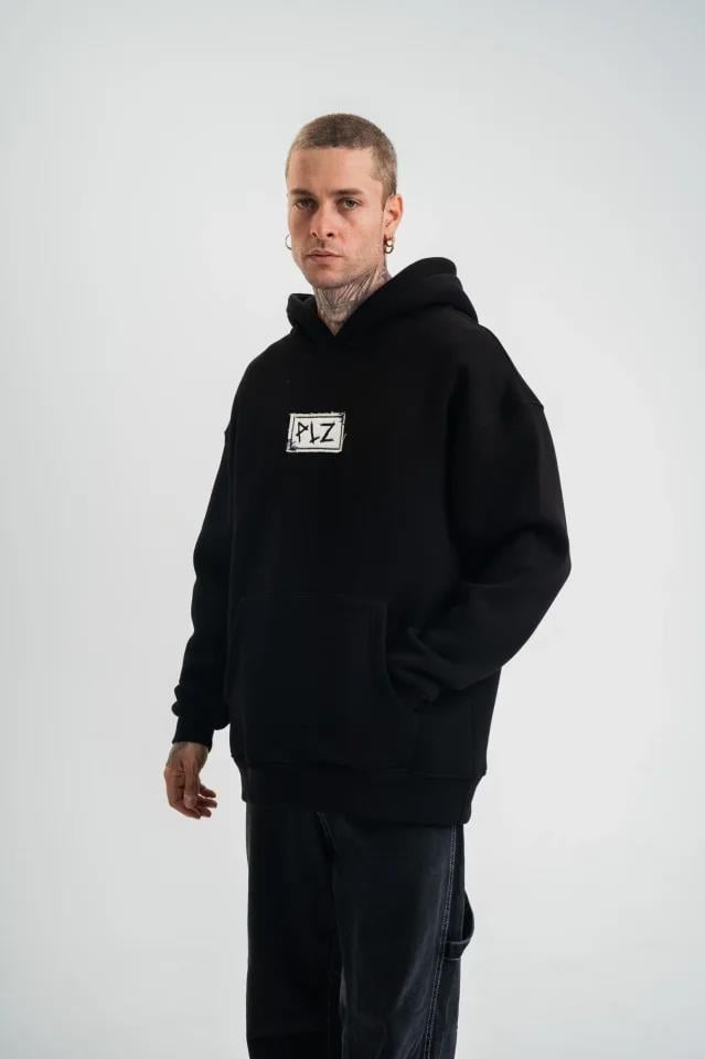 Unisex Kapşonlu Uzun Kol Patchli Nakışlı SweatShirt - Siyah