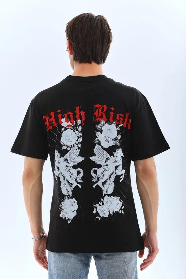 Unisex Oversize Baskılı Bisiklet Yaka T-Shirt - Siyah