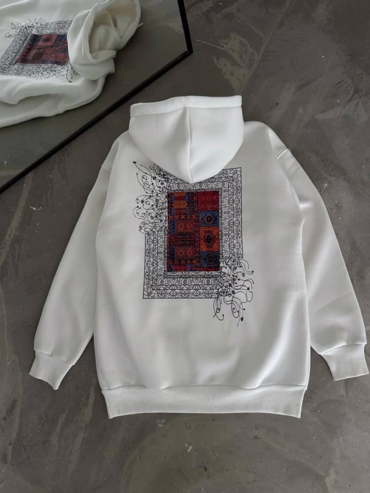 Uzun Kol Kapşonlu Ön Ve Arka Baskılı SweatShirt - Beyaz