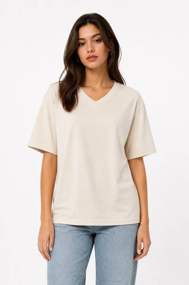 V Yaka Basic Tişört Kısa Kol Yazlık Regular Fit T-Shirt - Bej