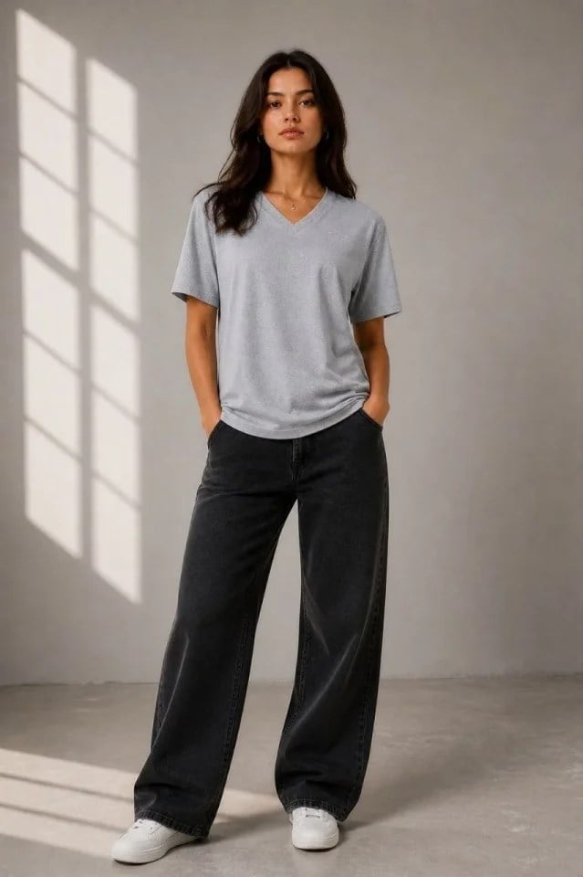 V Yaka Basic Tişört Kısa Kol Yazlık Regular Fit T-Shirt - Gri