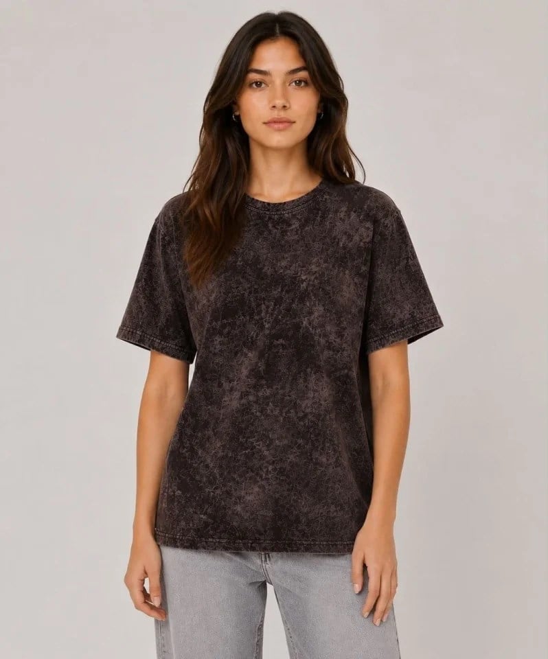 Yıkamalı Washed Effect Tişört Bisiklet Yaka Sokak Stil Kısa Kol T-Shirt - Siyah