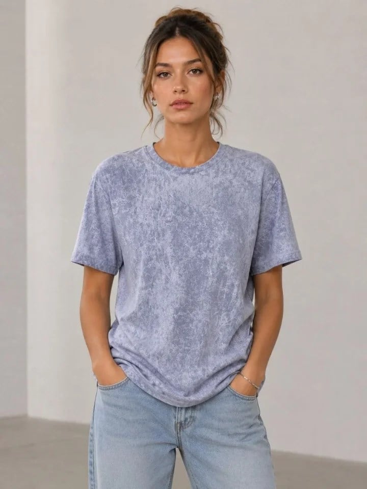 Yıkamalı Washed Effect Tişört Bisiklet Yaka Sokak Stil Kısa Kol T-Shirt - Gri