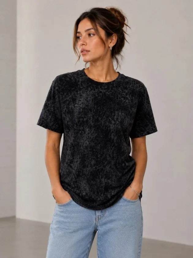 Yıkamalı Washed Effect Tişört Bisiklet Yaka Sokak Stil Kısa Kol T-Shirt - Siyah