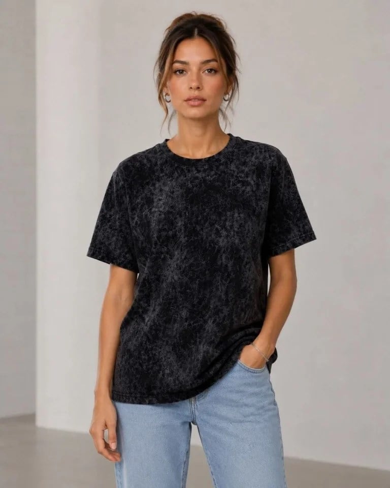 Yıkamalı Washed Effect Tişört Bisiklet Yaka Sokak Stil Kısa Kol T-Shirt - Siyah
