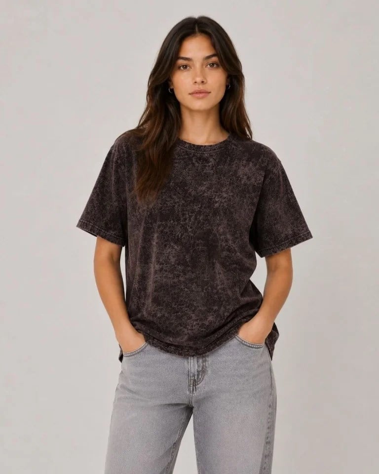 Yıkamalı Washed Effect Tişört Bisiklet Yaka Sokak Stil Kısa Kol T-Shirt - Siyah