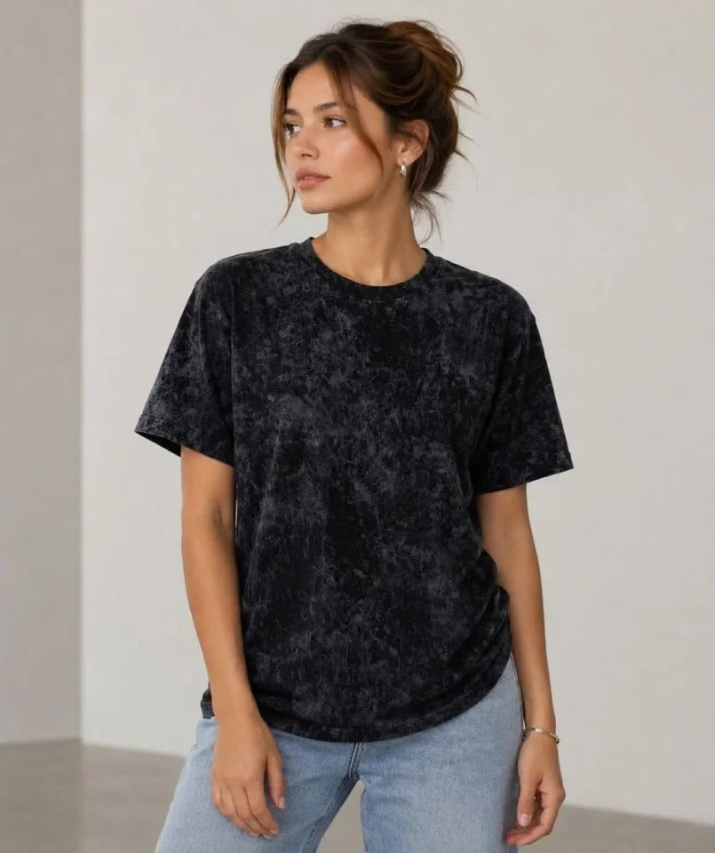 Yıkamalı Washed Effect Tişört Bisiklet Yaka Sokak Stil Kısa Kol T-Shirt - Siyah
