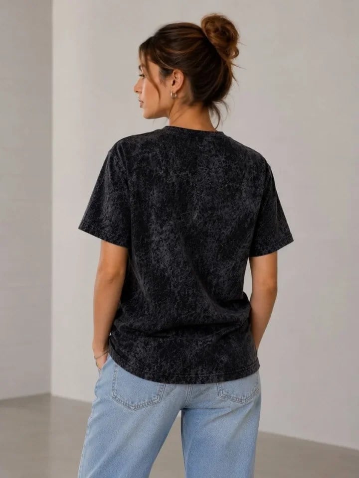 Yıkamalı Washed Effect Tişört Bisiklet Yaka Sokak Stil Kısa Kol T-Shirt - Siyah