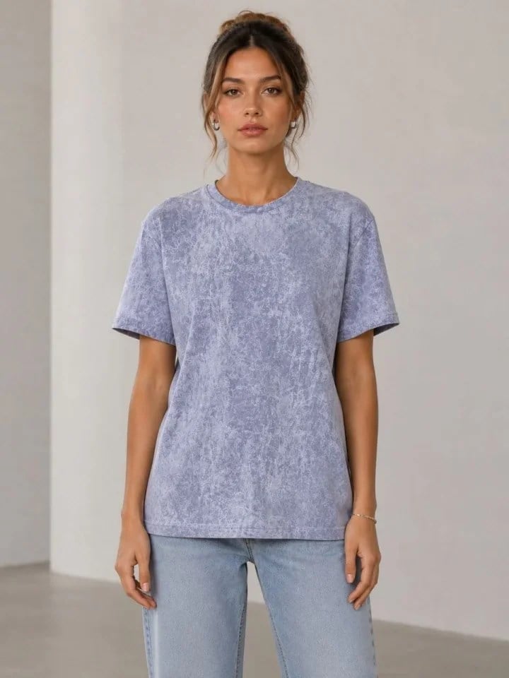 Yıkamalı Washed Effect Tişört Bisiklet Yaka Sokak Stil Kısa Kol T-Shirt - Gri