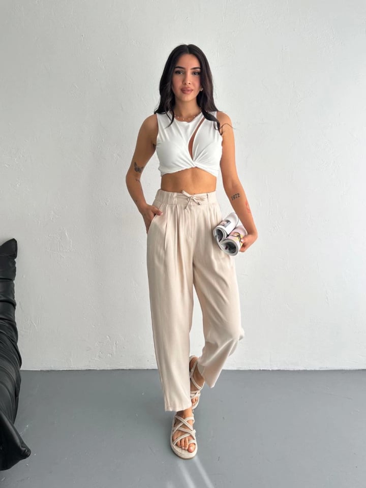 Yüksel Bel Rahat Paça Pantalon - Kırık Beyaz