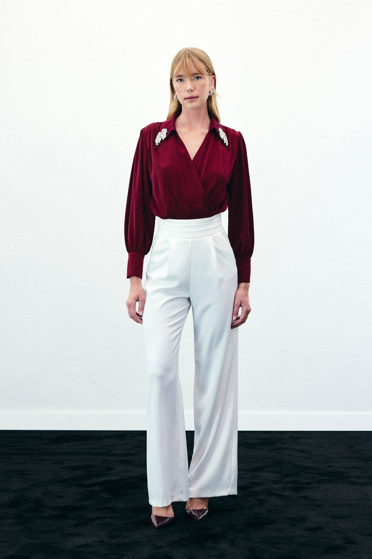 Aksesuar Detaylı Bodysuit Bluz - Bordo