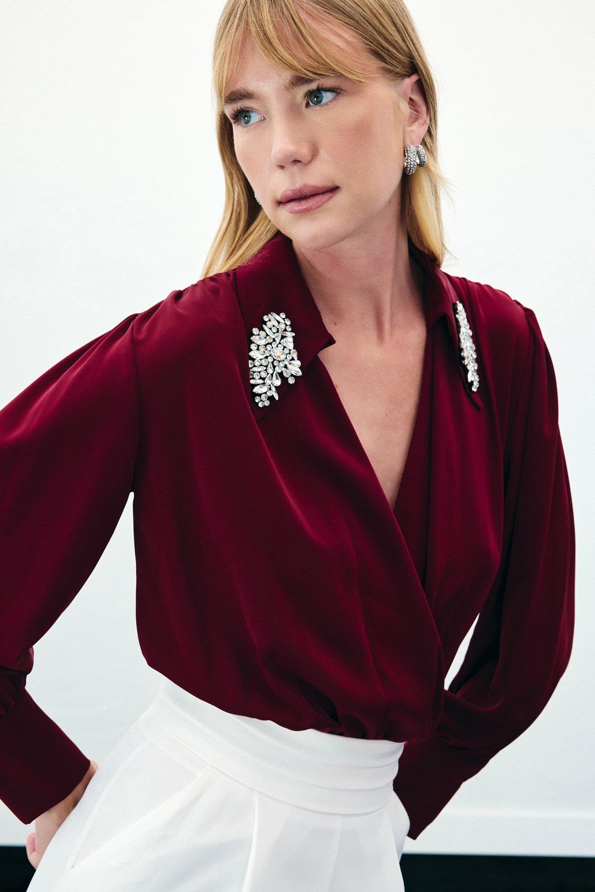 Aksesuar Detaylı Bodysuit Bluz - Bordo