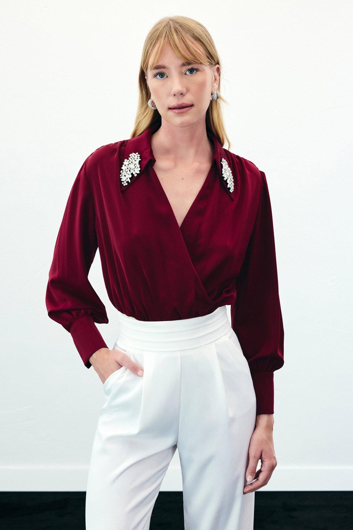 Aksesuar Detaylı Bodysuit Bluz - Bordo