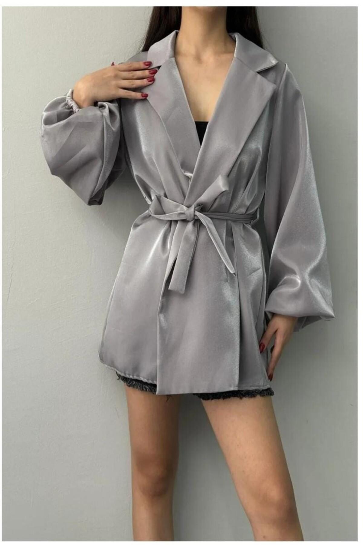 kadın balon kol bağlamalı saten kimono