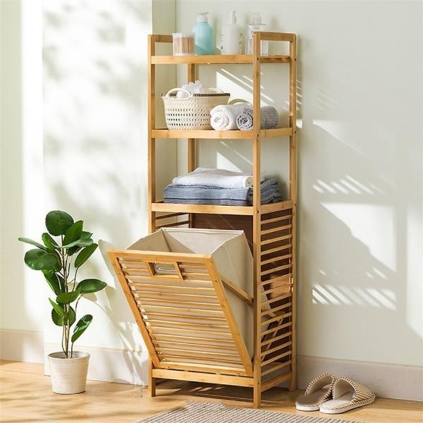 3 Organizer Raflı Ahşap Bambu Çek-Aç Kirli Sepeti