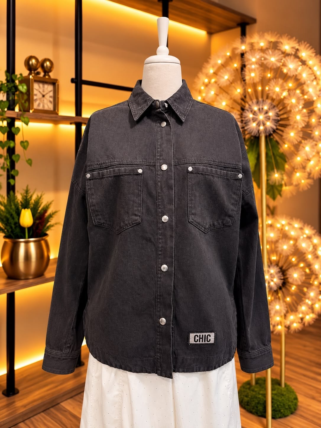 Antrasit CHIC Etiket Detaylı Oversize Kadın Kot Gömlek