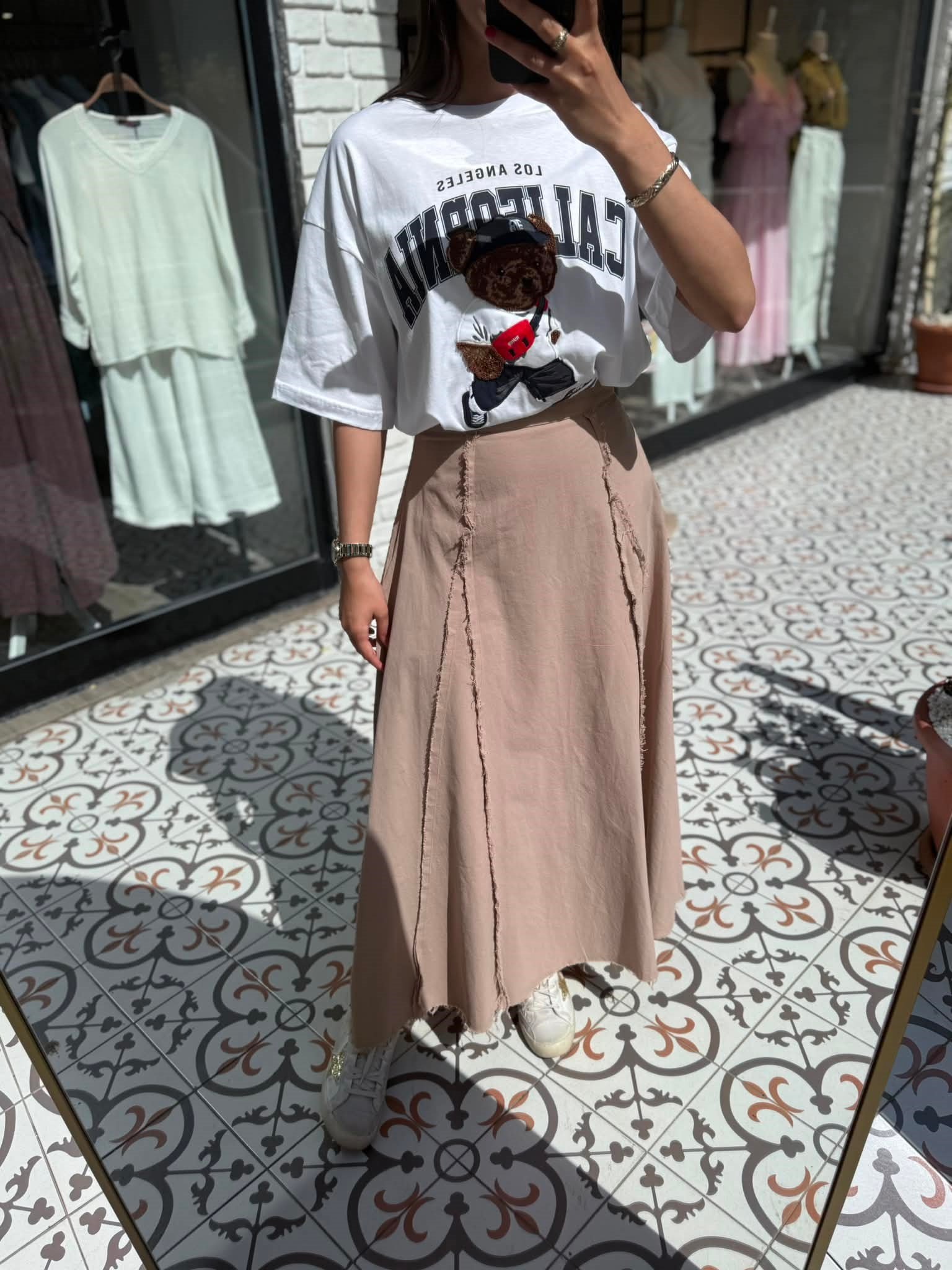 Bej Doğal Dokulu Bohem Uzun Etek
