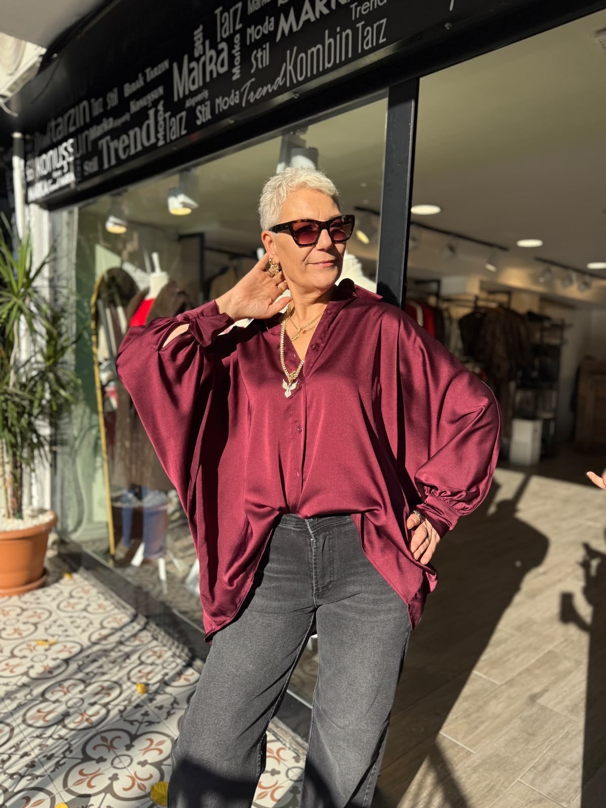 Bordo Saten Oversize Gömlek