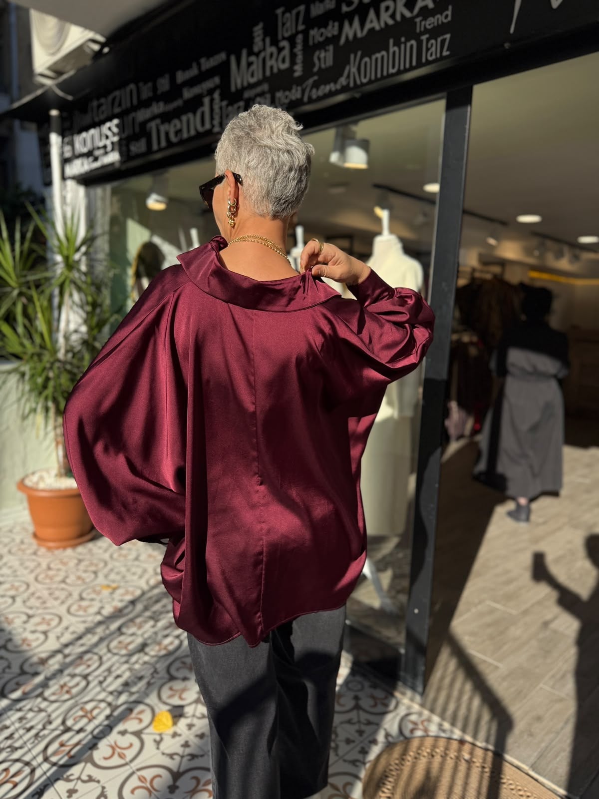Bordo Saten Oversize Gömlek