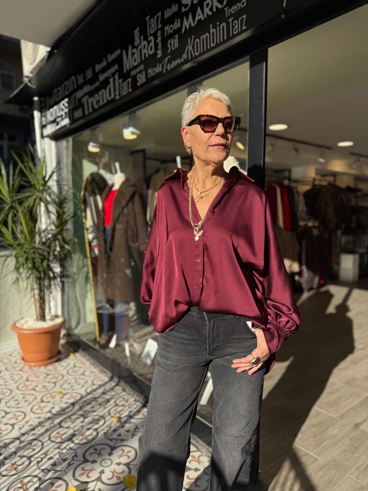 Bordo Saten Oversize Gömlek