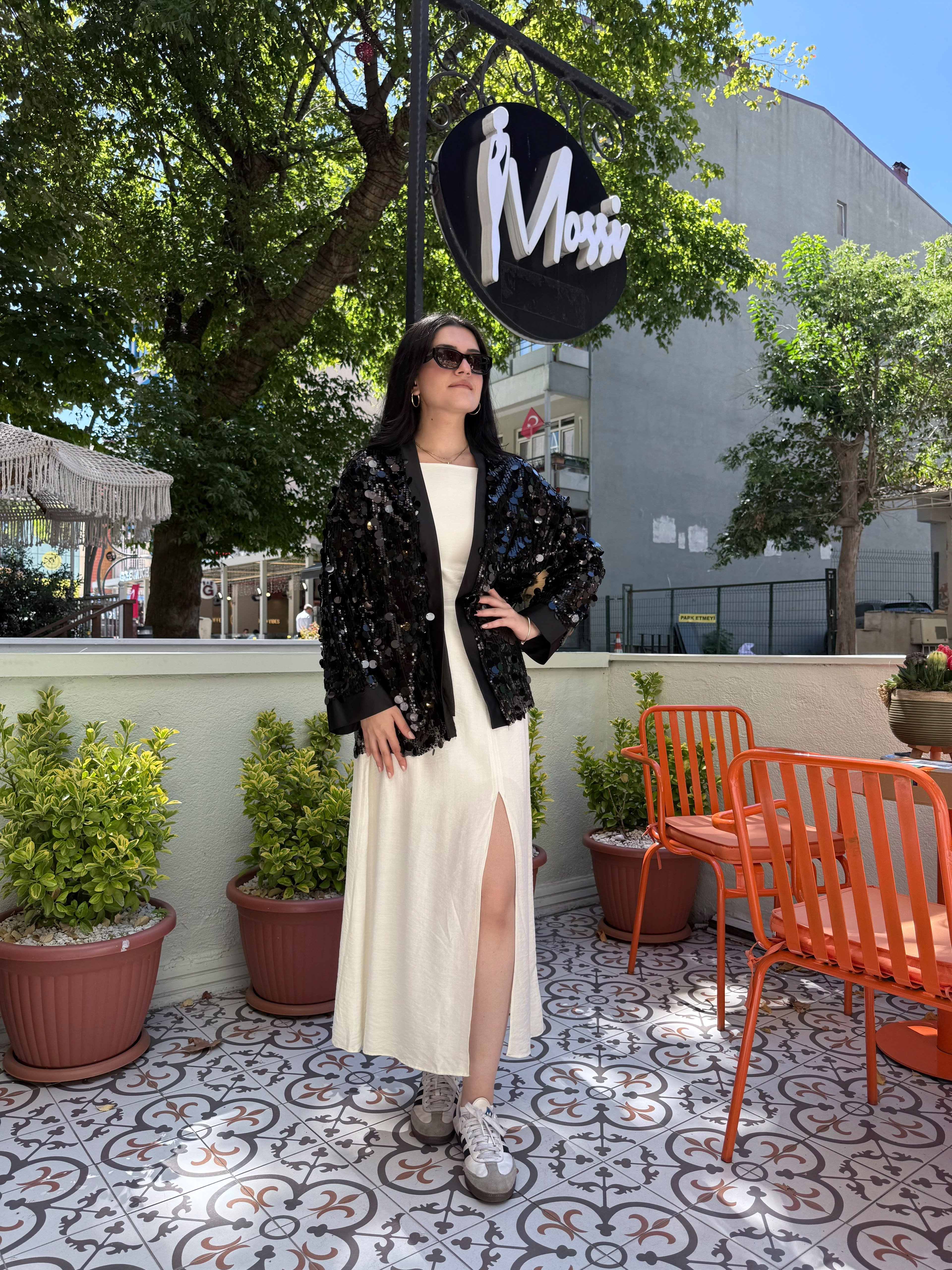 Büyük Payetli Transparan Kimono – Siyah