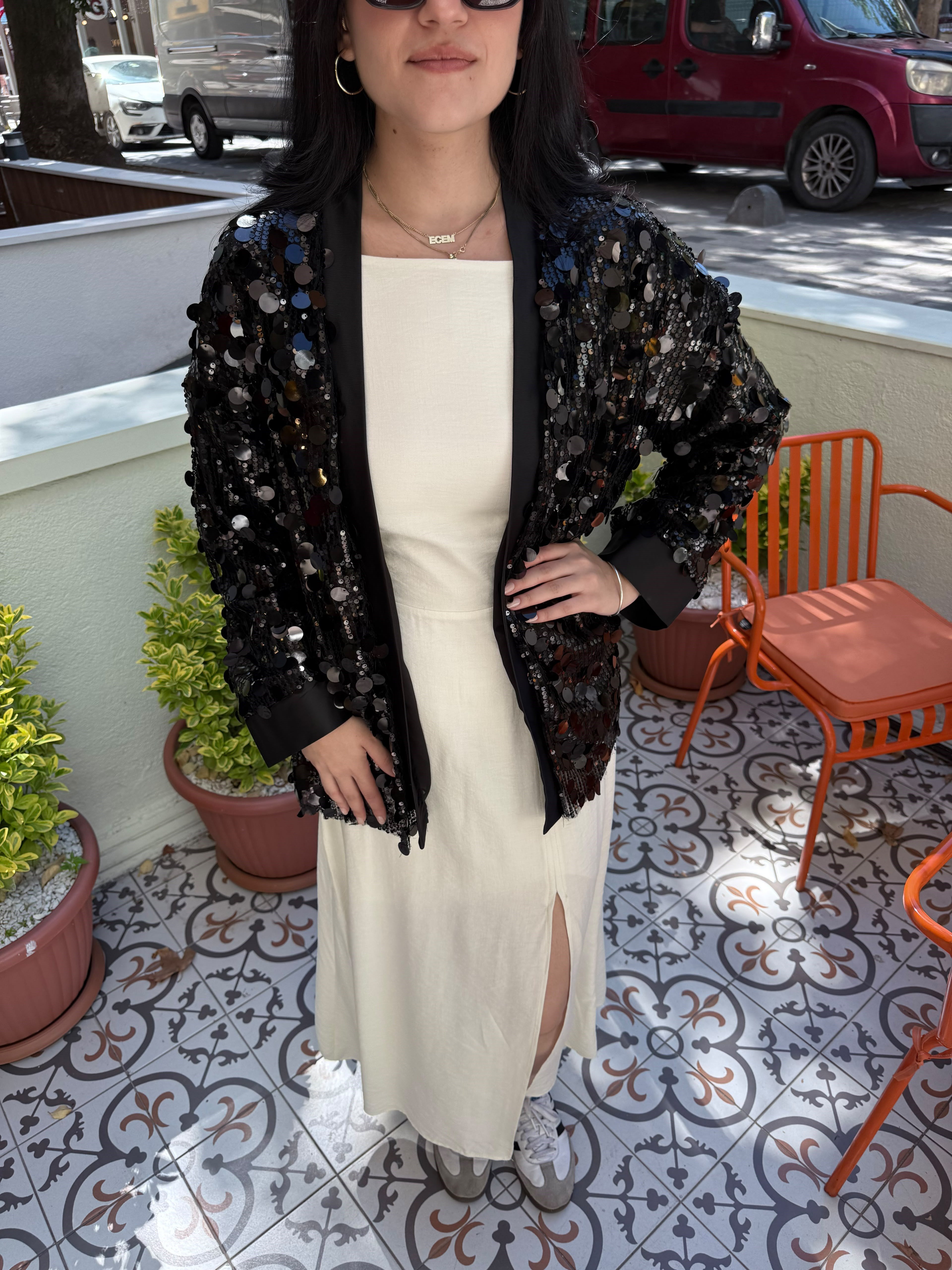 Büyük Payetli Transparan Kimono – Siyah
