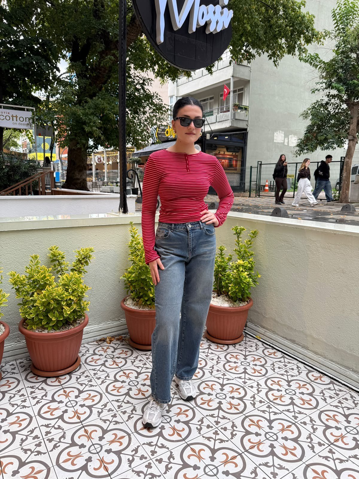 Çizgili Uzun Kollu Fit Bluz – Kırmızı
