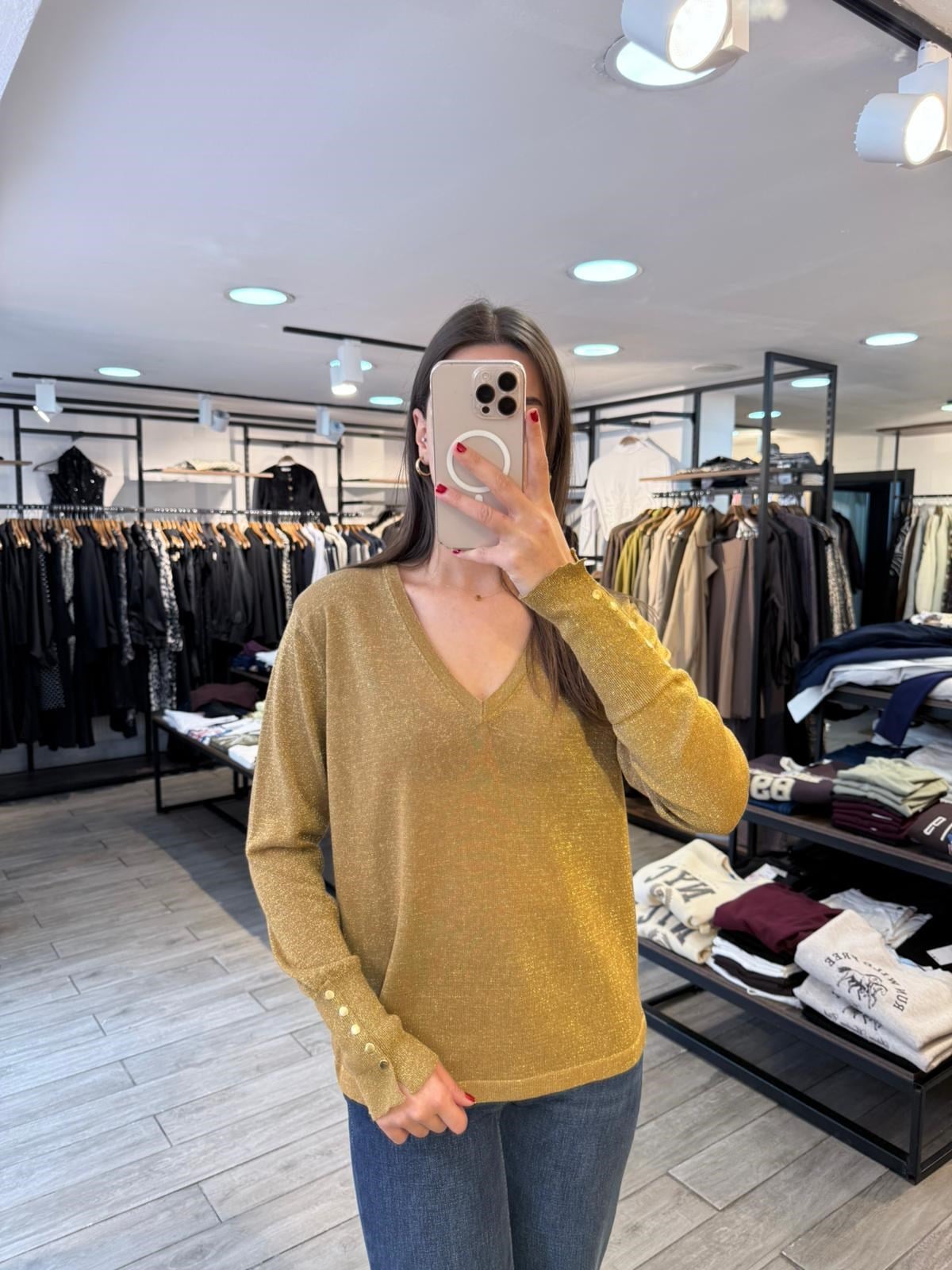 Gold Simli V Yaka Triko Bluz – Işıltılı Kadın Triko