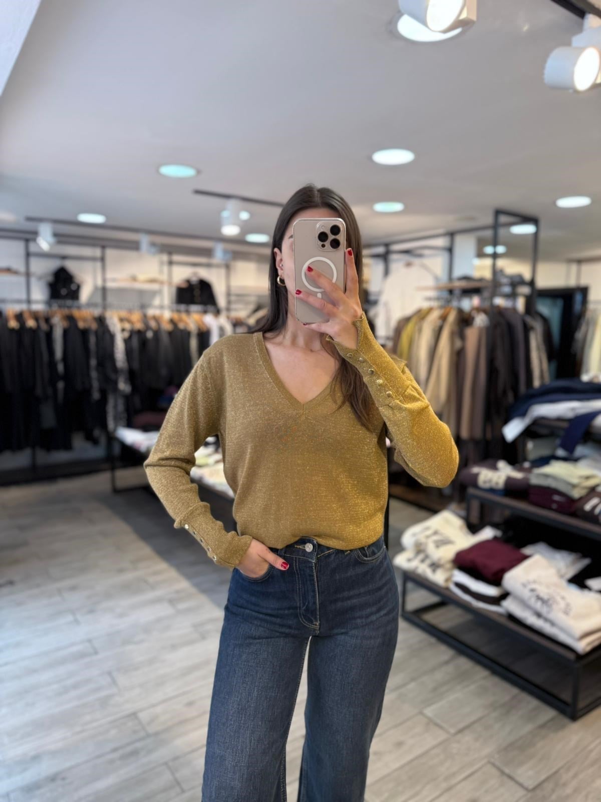 Gold Simli V Yaka Triko Bluz – Işıltılı Kadın Triko