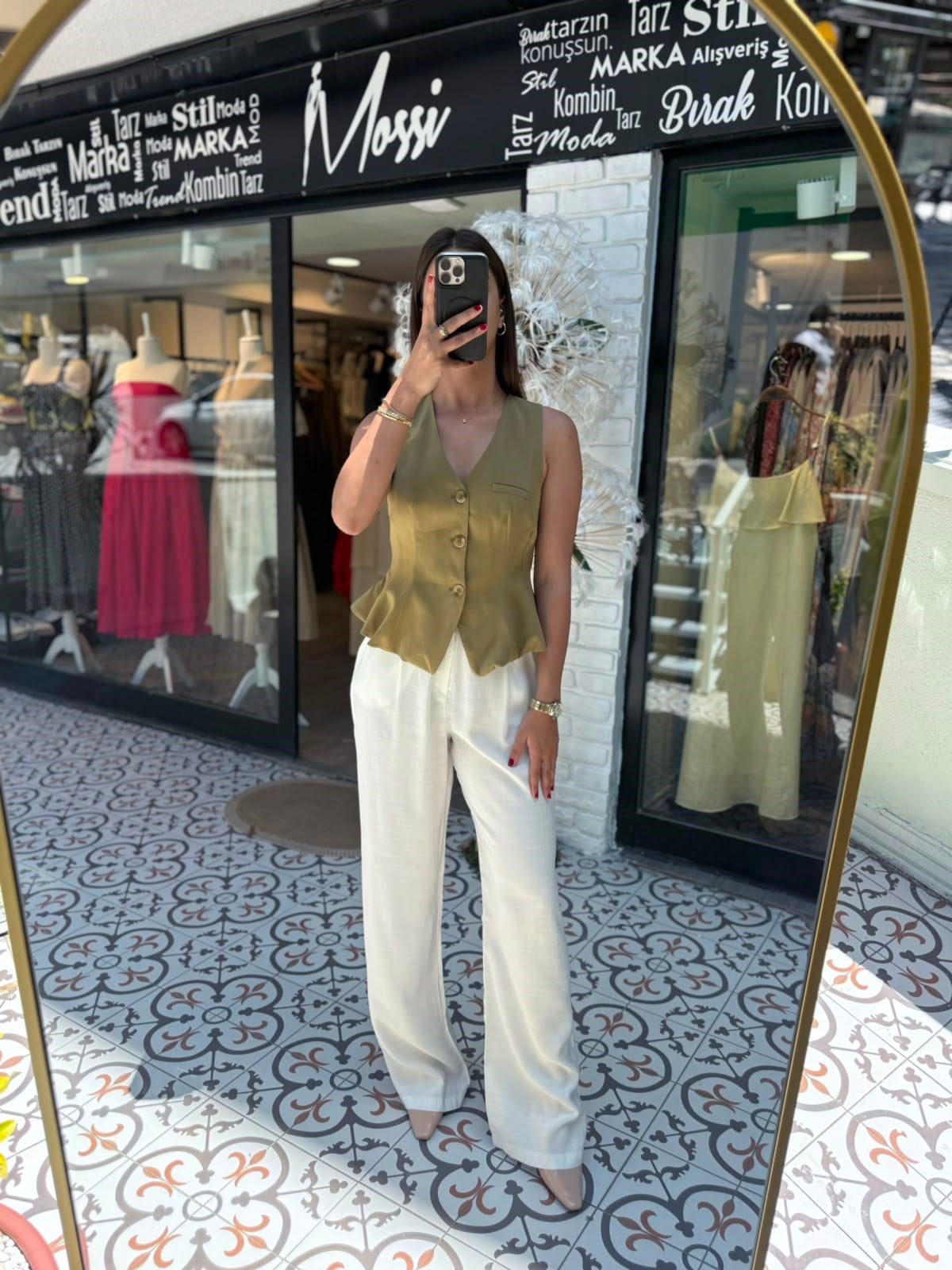 Haki V Yaka Düğmeli Peplum Yelek