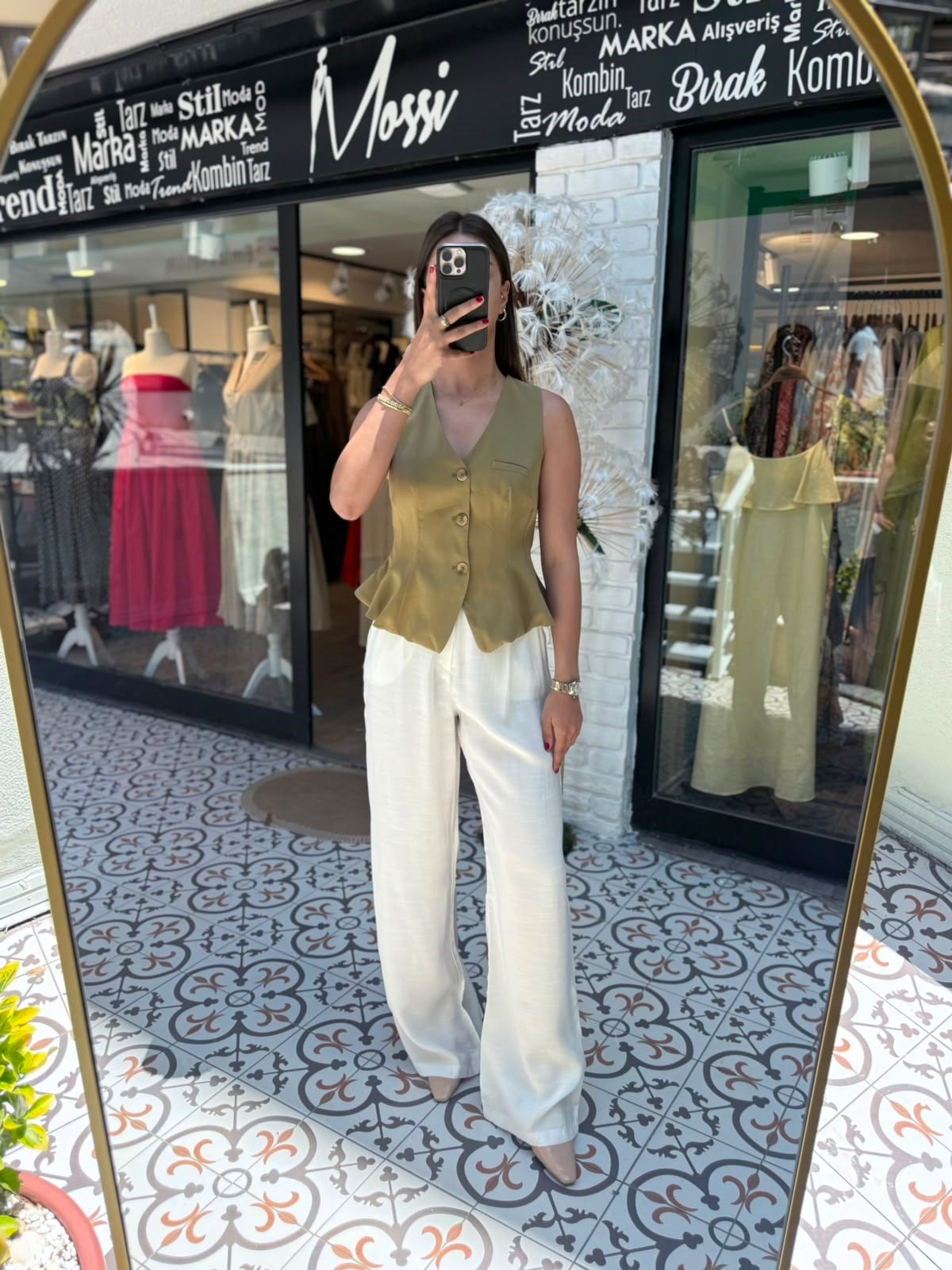Haki V Yaka Düğmeli Peplum Yelek
