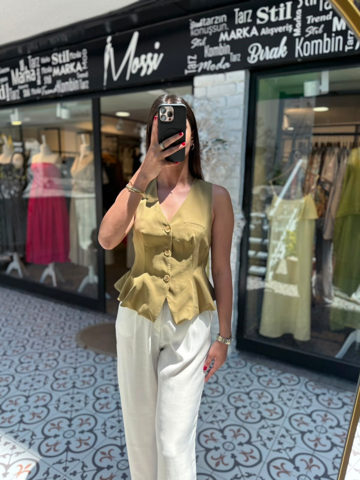 Haki V Yaka Düğmeli Peplum Yelek