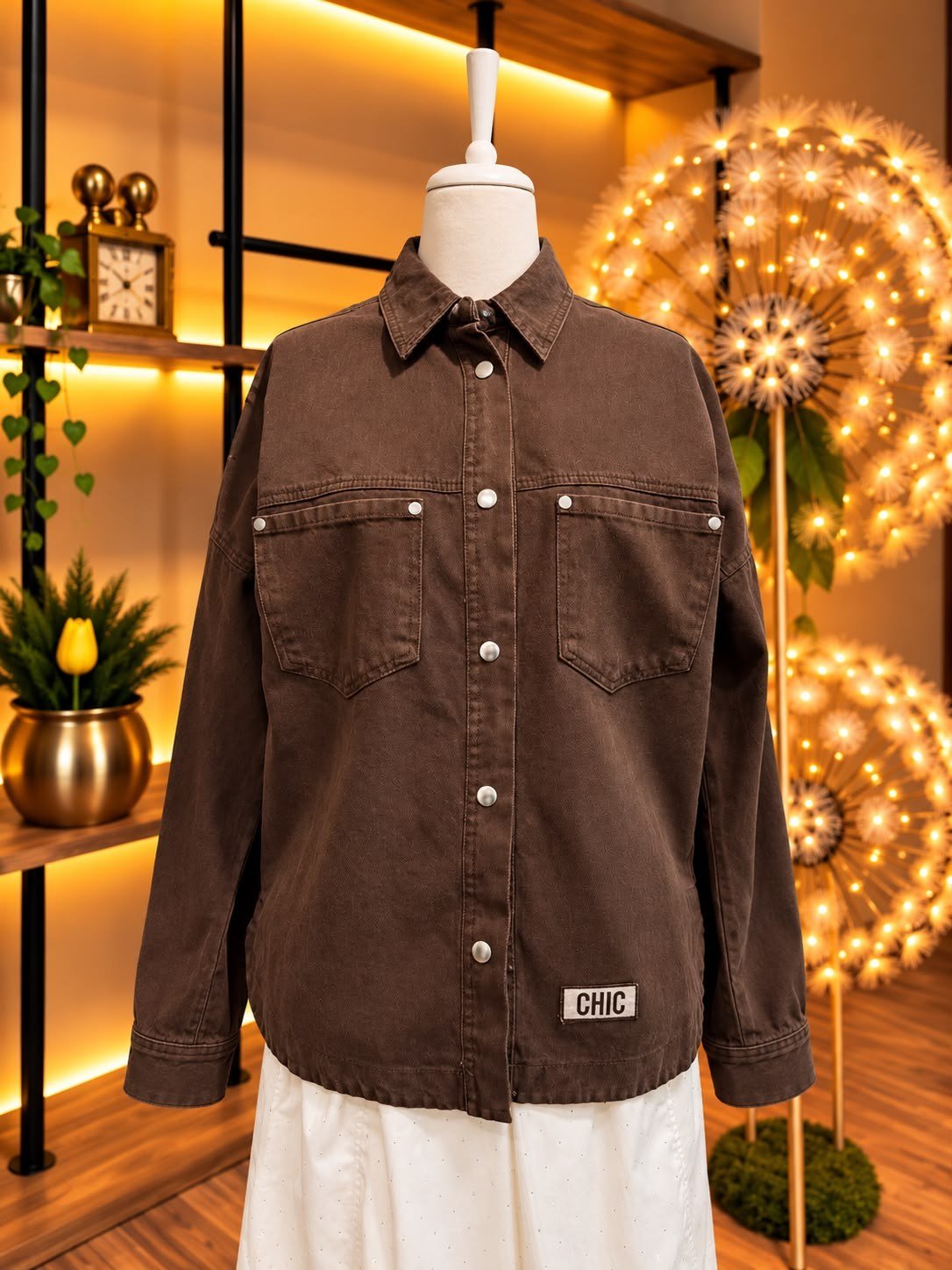 Kahverengi CHIC Etiket Detaylı Oversize Kadın Kot Gömlek