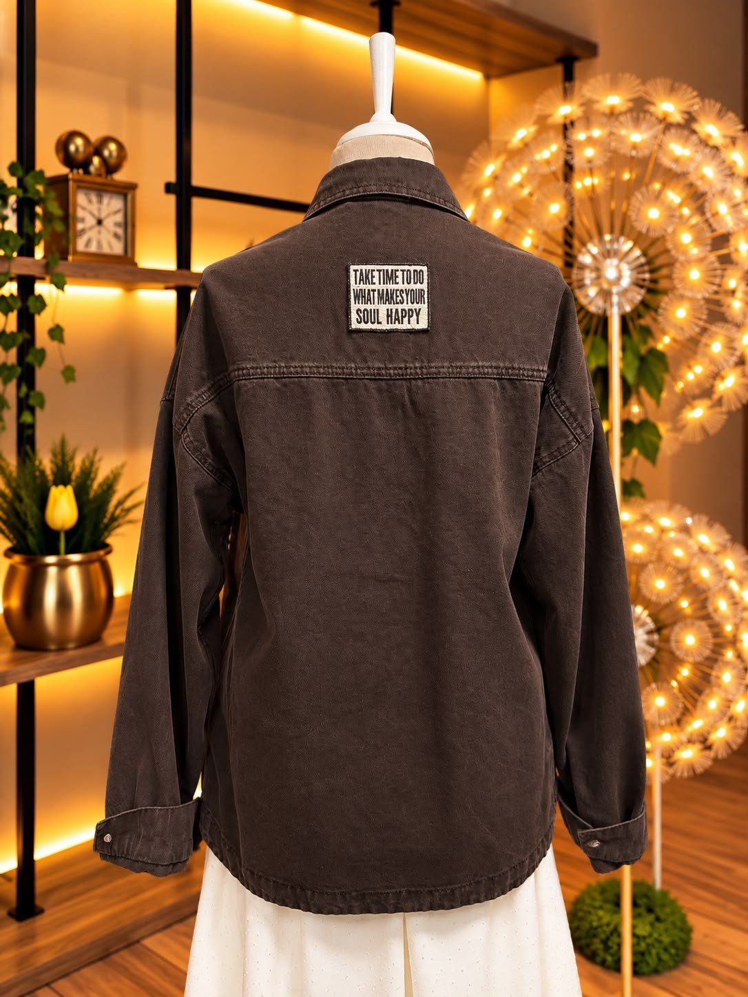 Kahverengi CHIC Etiket Detaylı Oversize Kadın Kot Gömlek