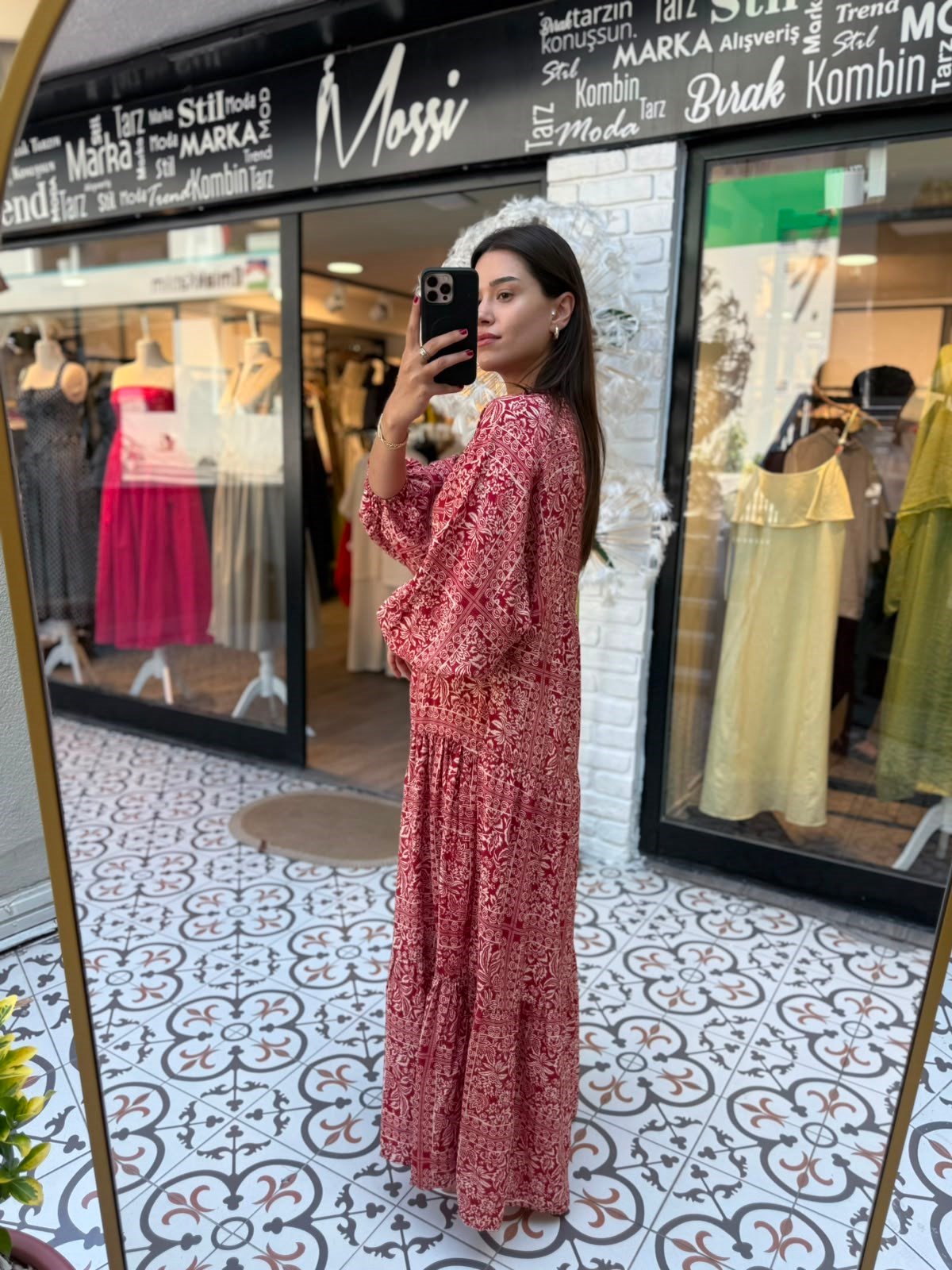Kırmızı Etnik Desenli Hakim Yaka Maxi Elbise | Mossi Butik