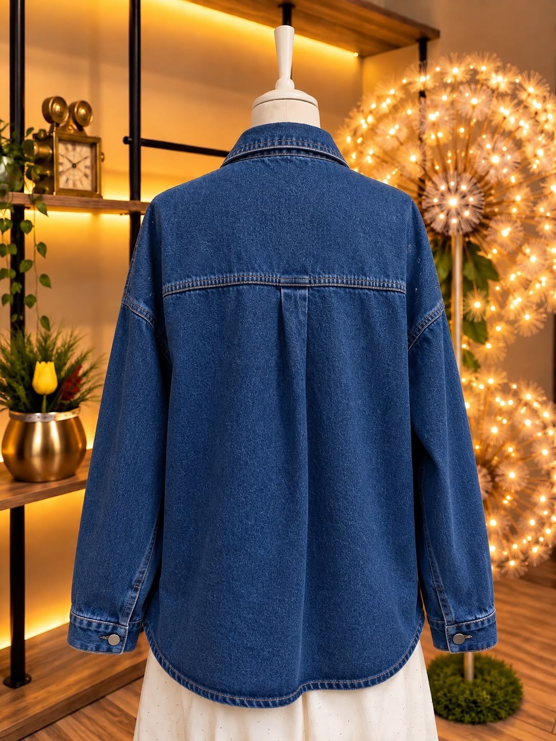 Koyu Mavi Çift Kapak Cepli Oversize Kadın Kot Gömlek