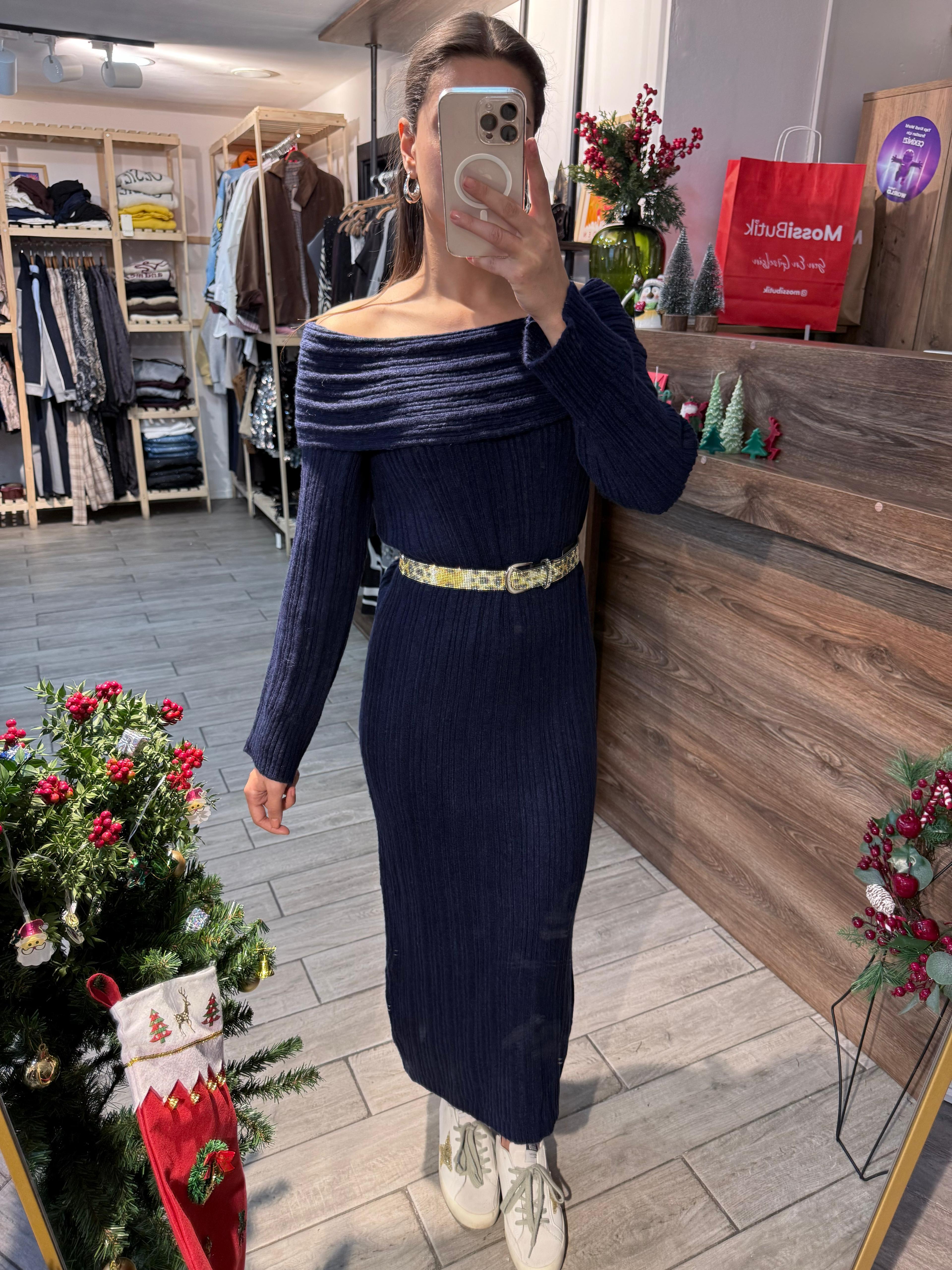 Lacivert kayık yaka standart beden elbise