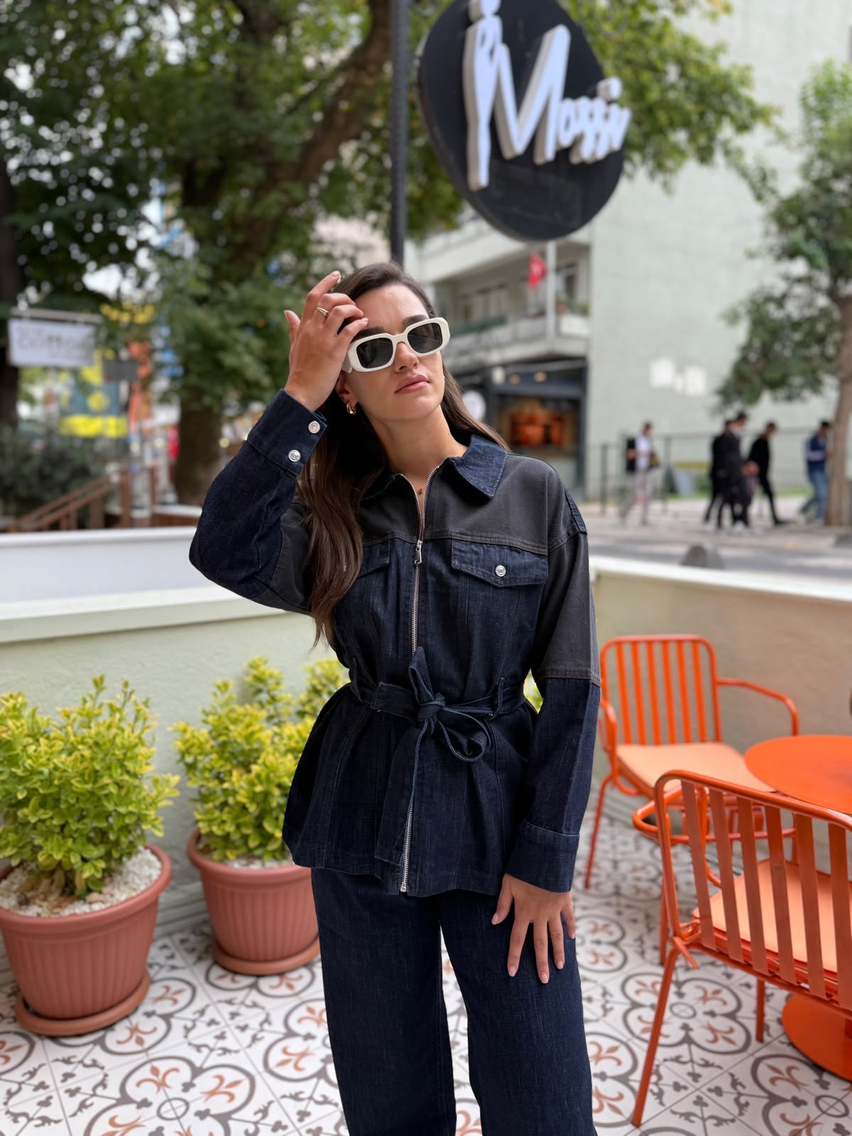 Lacivert Kuşaklı Denim Ceket Pantolon Takım