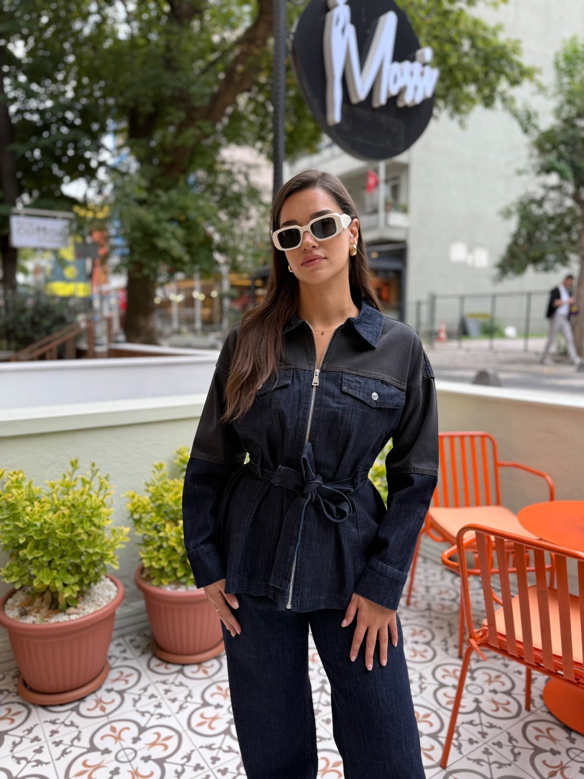 Lacivert Kuşaklı Denim Ceket Pantolon Takım