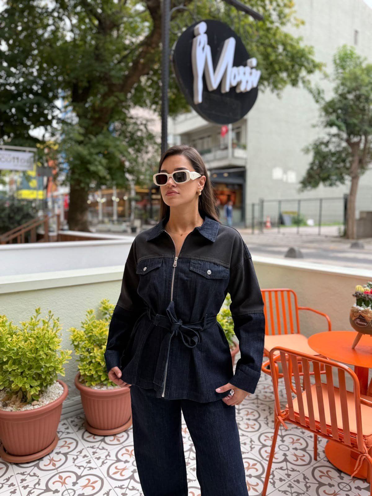Lacivert Kuşaklı Denim Ceket Pantolon Takım