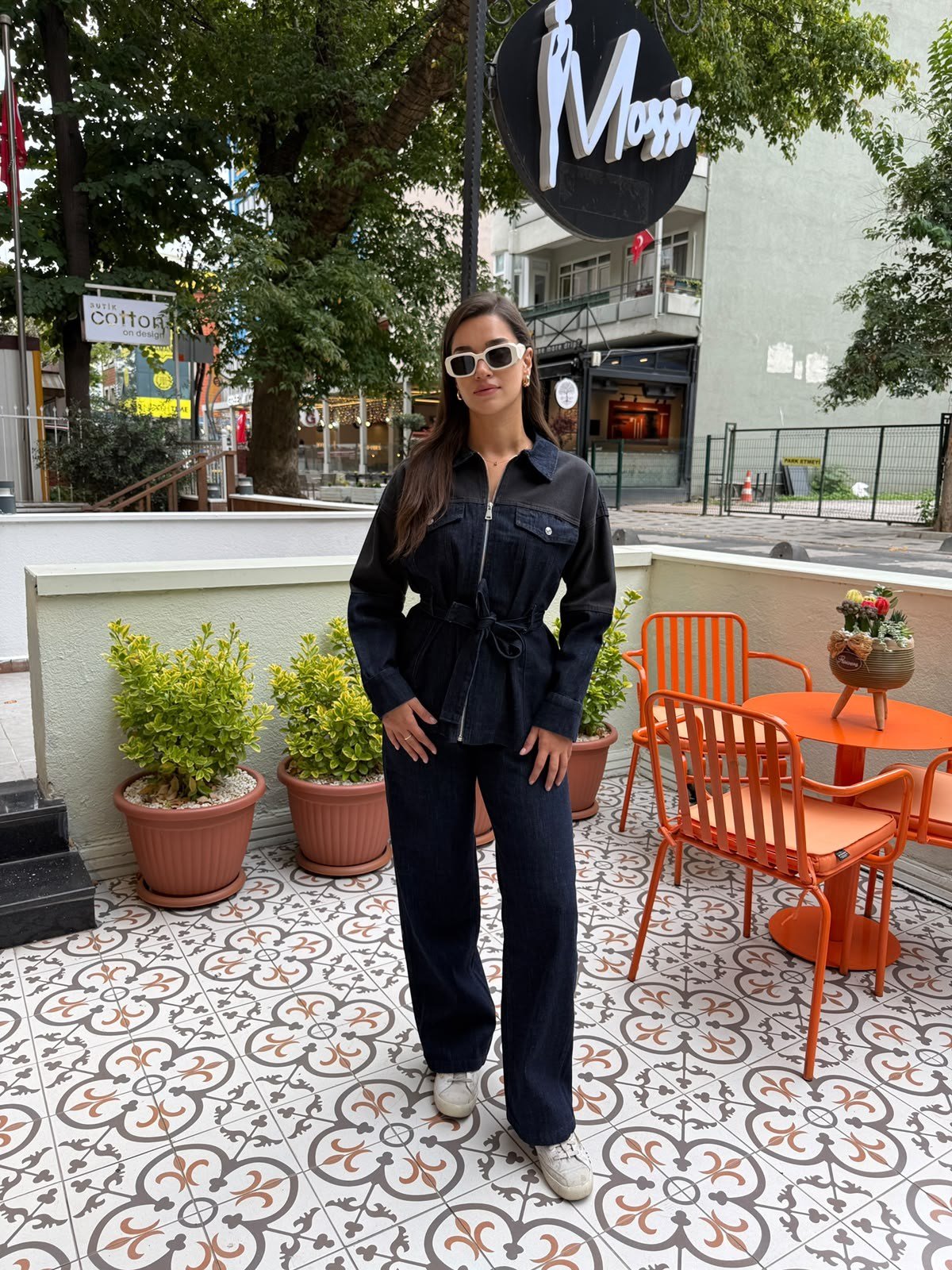 Lacivert Kuşaklı Denim Ceket Pantolon Takım