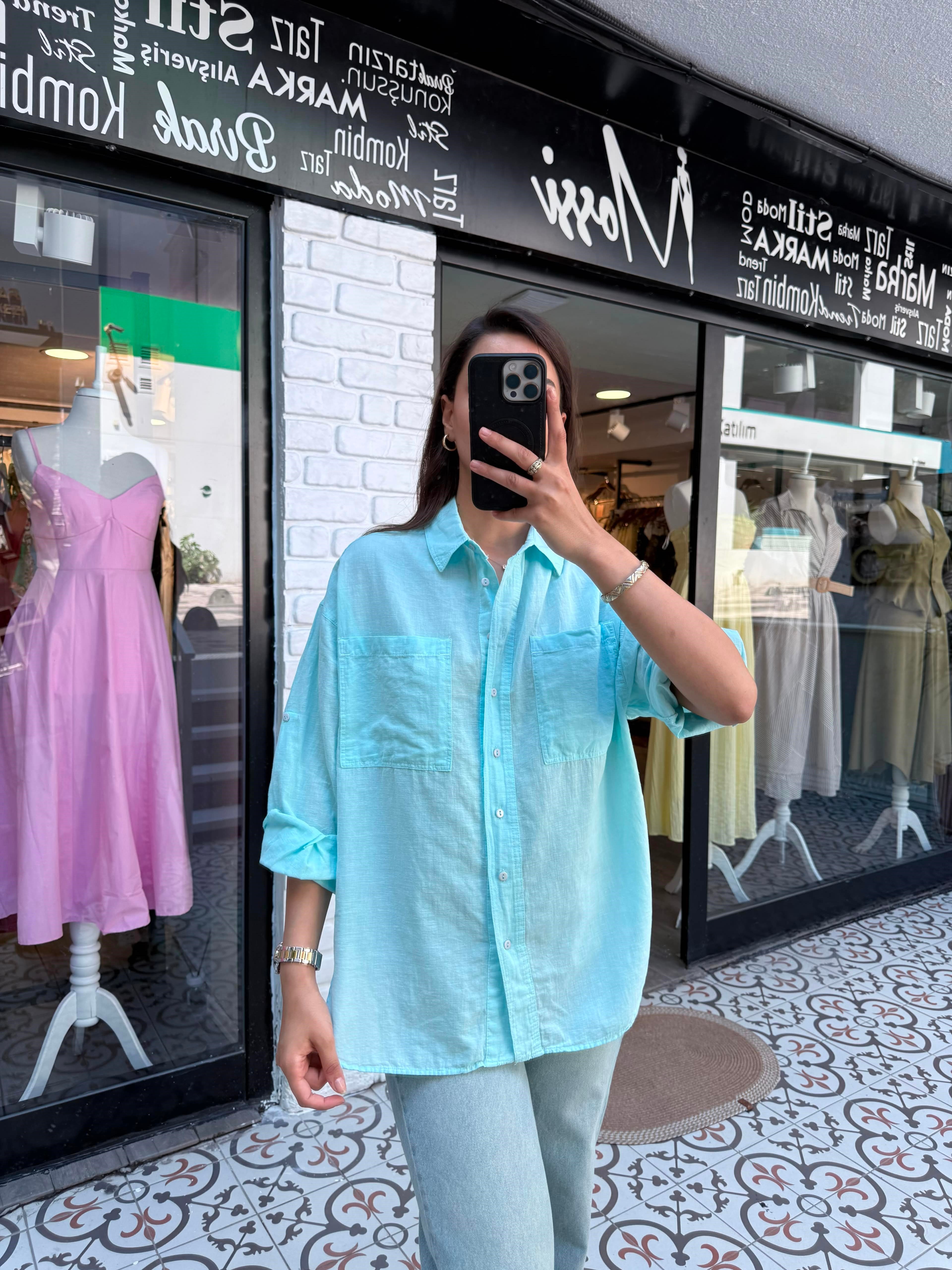 Mint Yeşili Çift Cepli Oversize Gömlek