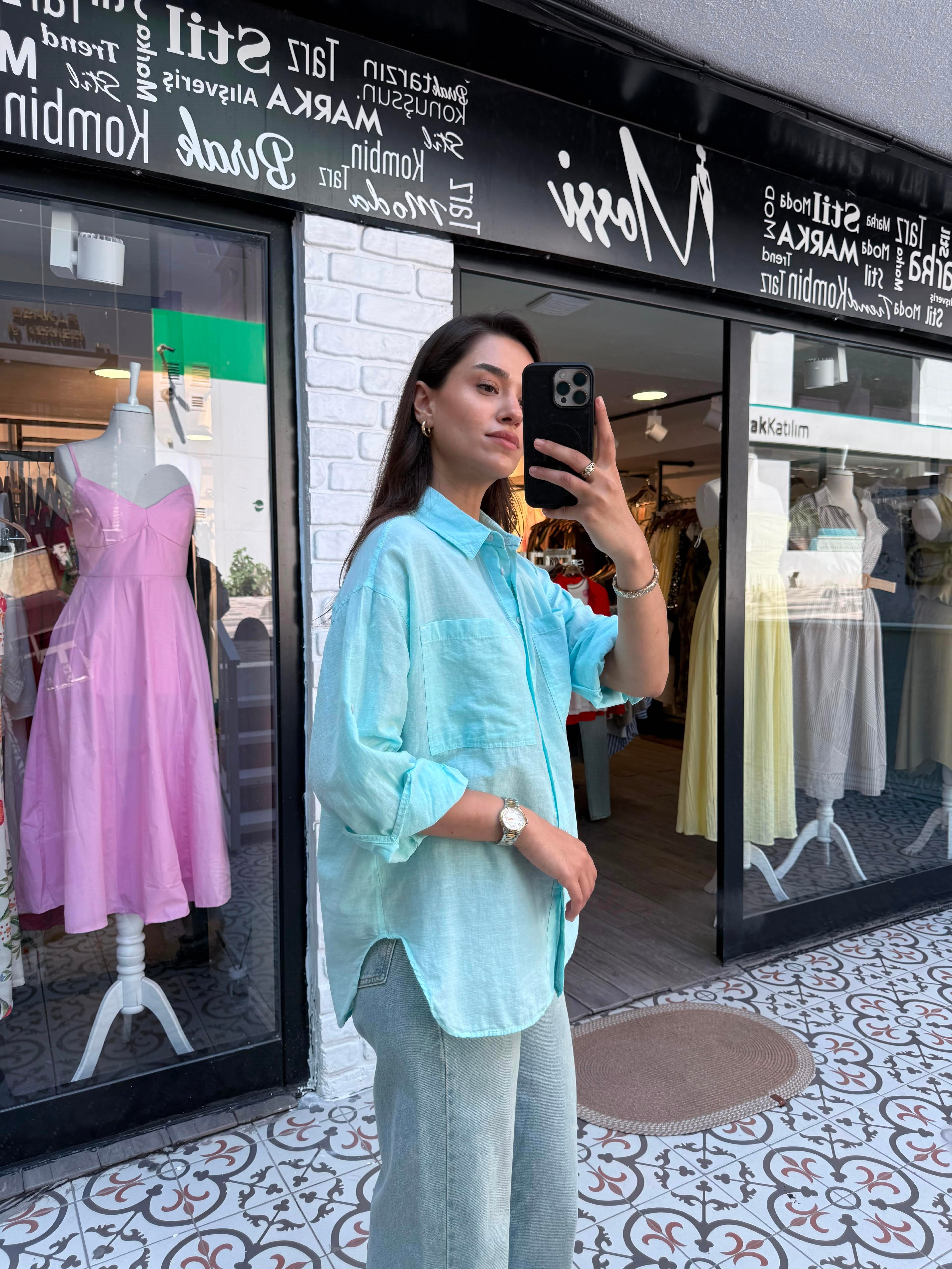Mint Yeşili Çift Cepli Oversize Gömlek